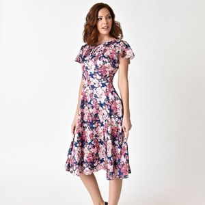 1940s Navy & Pink Floral Formosa Cap Sleeve Dress